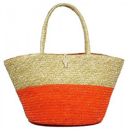 Straw Tote – 12 PCS Woven Wheat Straw Tote - 2 Tones - Orange - BG-R11053OG